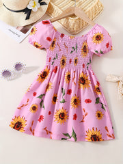 Girls Sunflower Print Princess Dress Kids Summer Clothes