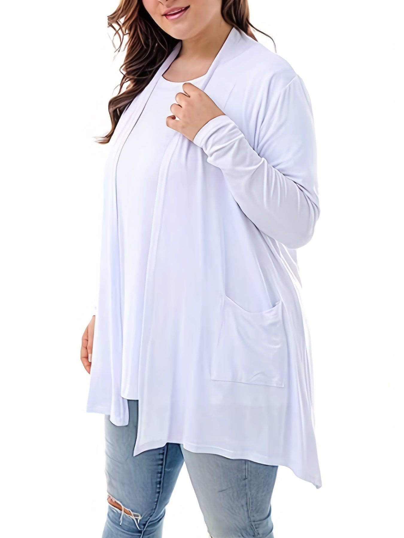 Solid Long Sleeve Open Front Cardigan With Pockets