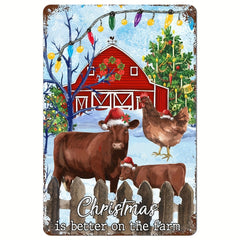 Cattle With Santa Hat Christmas Metal Sign Bells Tie Green Stripe Tin Sign