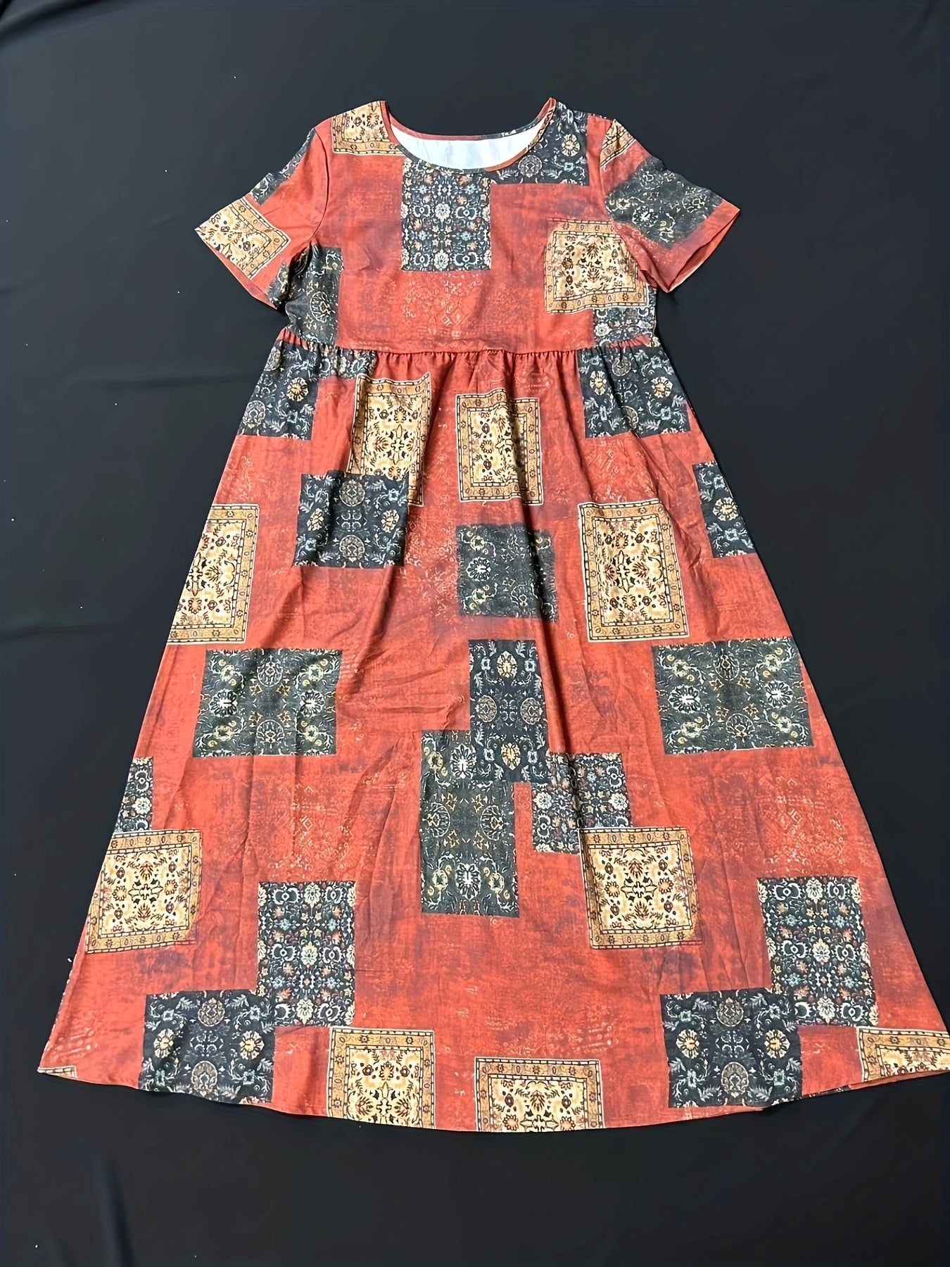 Ethnic Patchwork Print Dress Boho Crew Neck Short Sleeve Maxi Dress