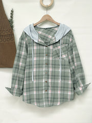 Plaid Print Hooded Jacket Button Front Outerwear Spring & Fall