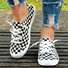 Women's Checkerboard Flat Canvas Shoes Lace up Low Top Casual Walking Shoes