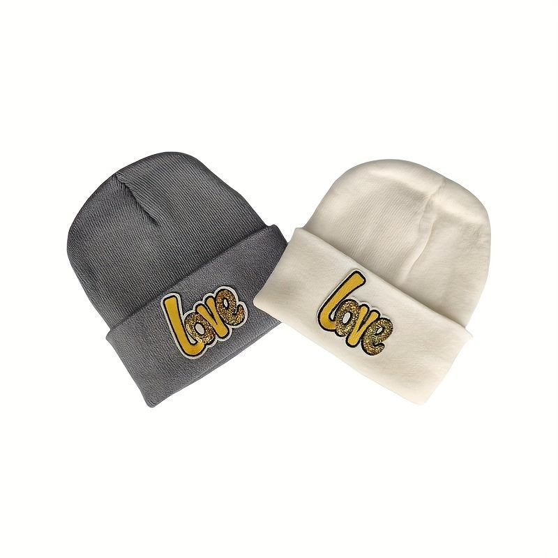 LOVE Sequin Decor Beanie Couple Knit Hat Lightweight Warm Skull Cap