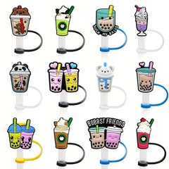 12pcs Reusable Silicone Straw Cap Cartoon Drinking Straw Plugs