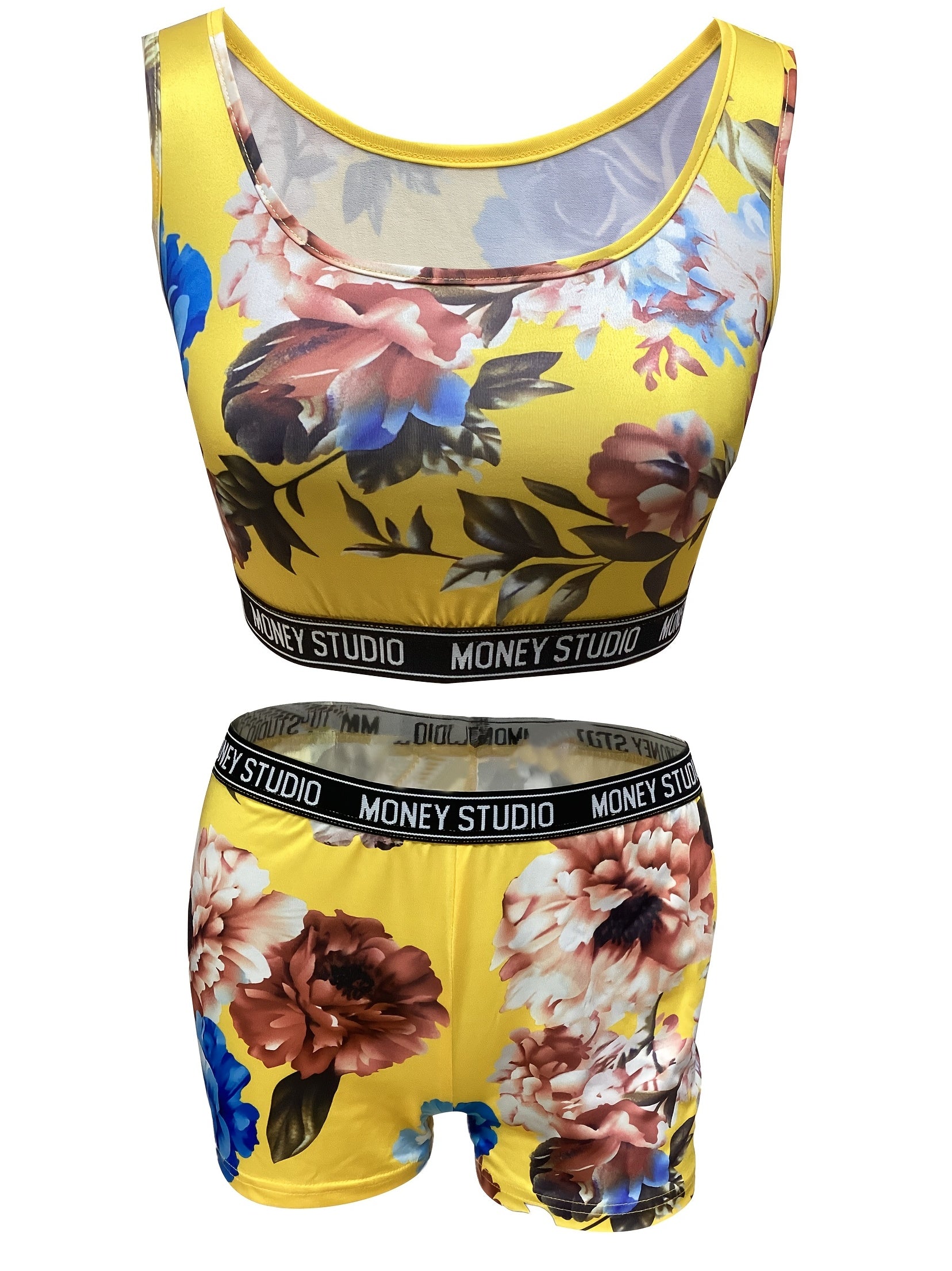 Floral Print Crop Tank Top & Biker Shorts Set Women's Clothing