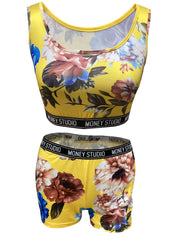 Floral Print Crop Tank Top & Biker Shorts Set Women's Clothing