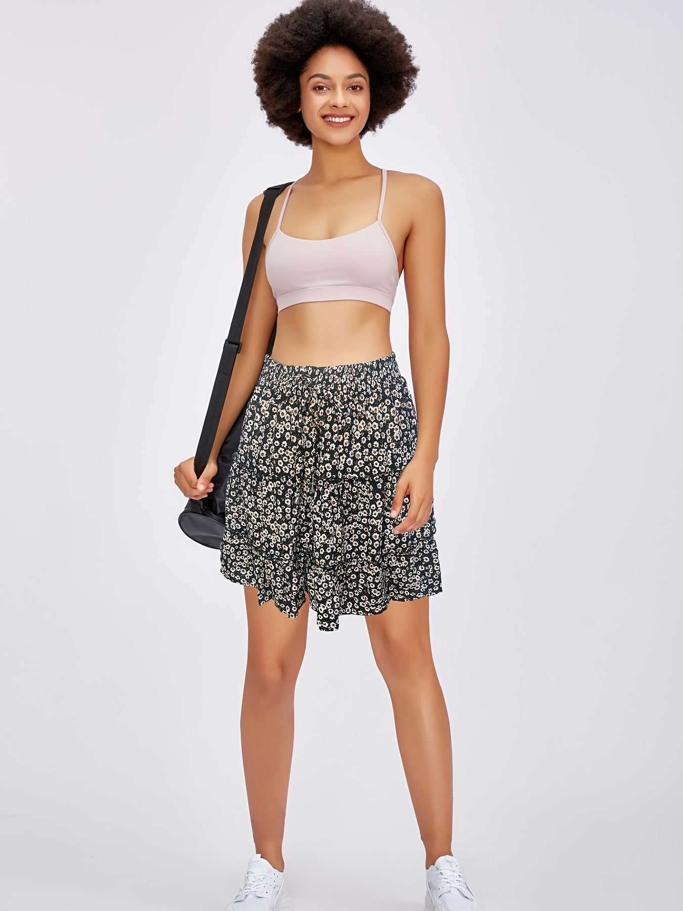 Floral Ruffle Layered Trim Skirt Boho Drawstring Women's Clothing