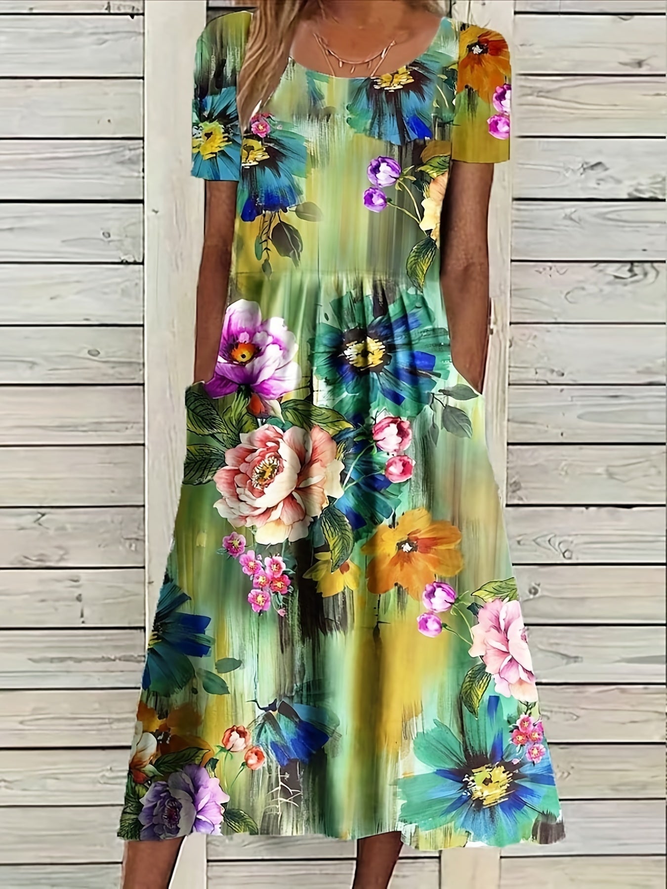Floral Print Short Sleeve Midi Dress With Pockets