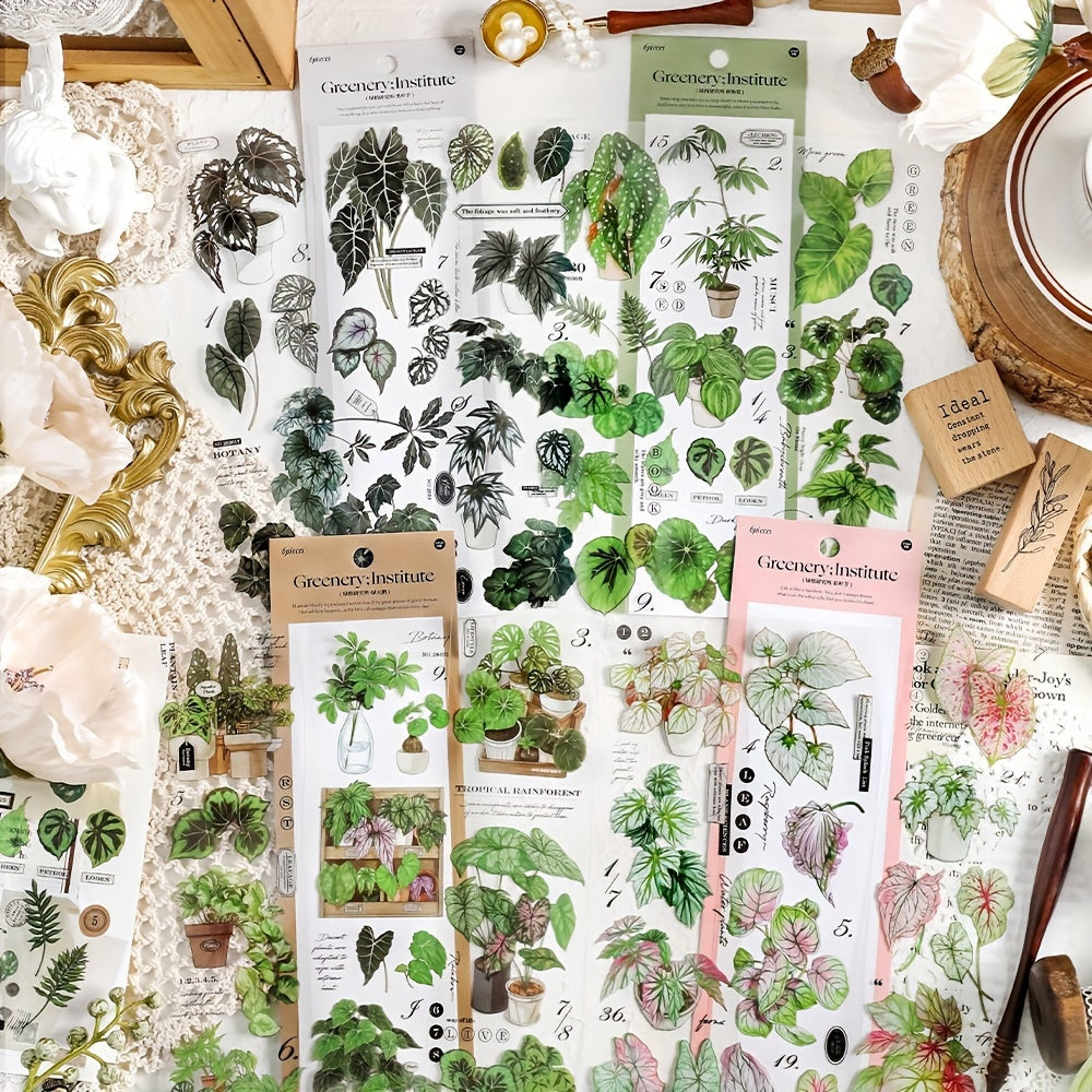 6 Sheets Retro Plant PET Stickers for Scrapbooking Decorative Collage