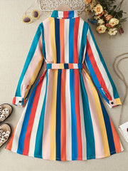 Girls' Stripe Long Sleeve Collared Shirt Dress With Belt