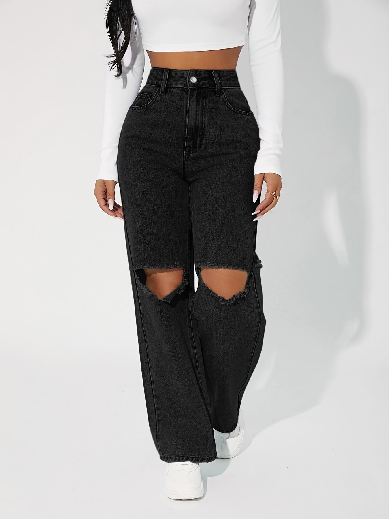 High Rise Ripped Knee Boyfriend Jeans