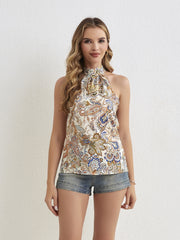 Floral Print Halter Neck Top Sleeveless