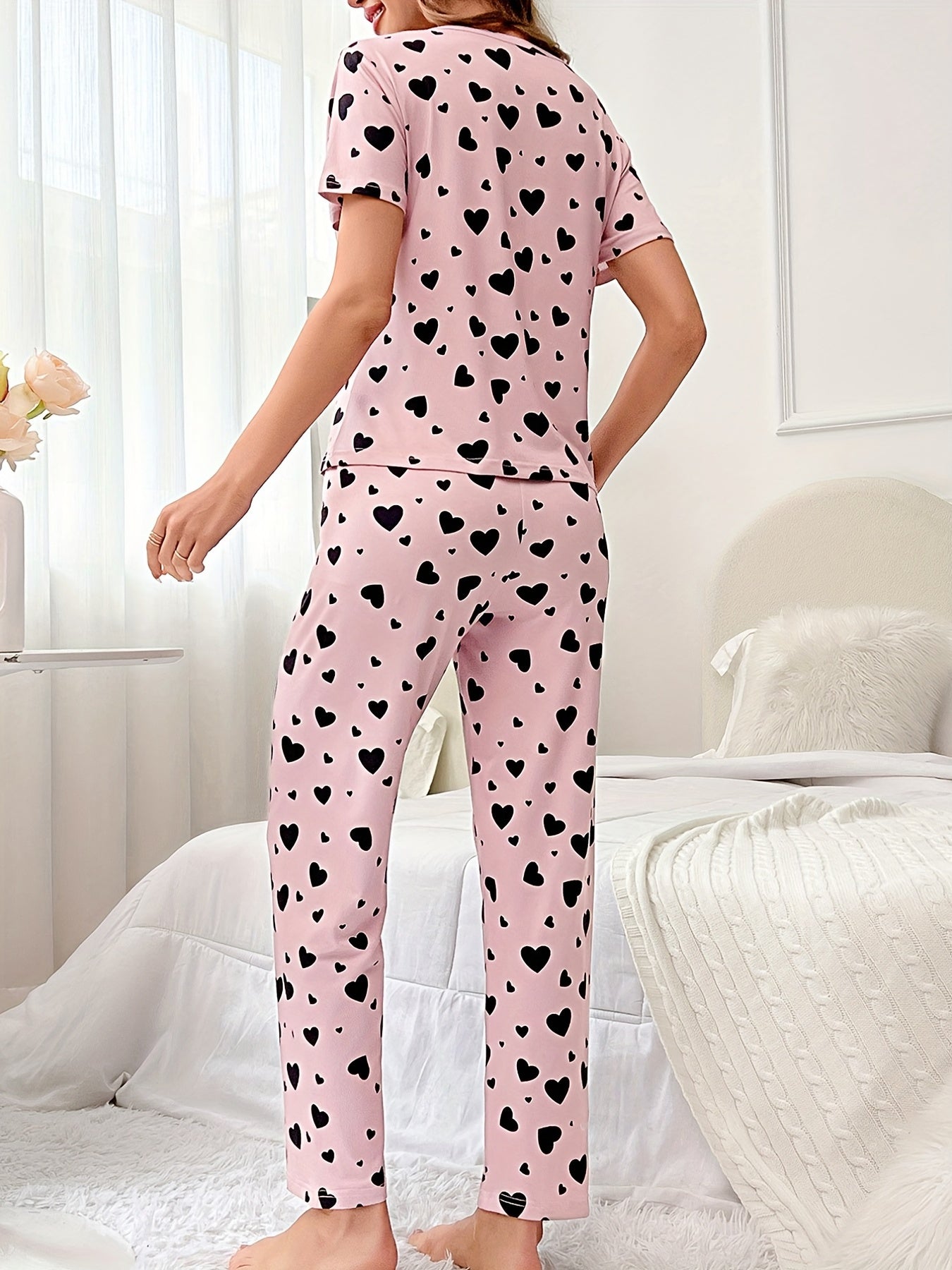 Heart Print Pajama Set Short Sleeve Top & Lounge Pants Women's Sleepwear