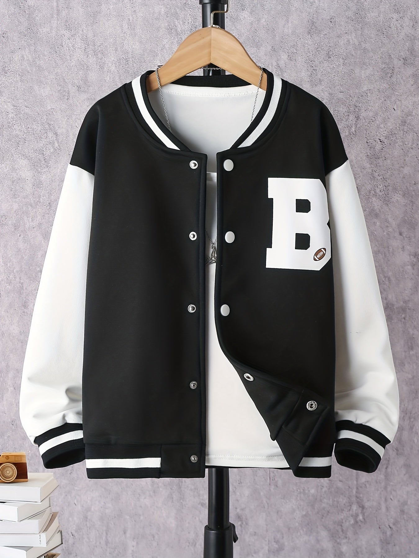 Boys Baseball Collar Varsity Jacket Block Drop Shoulder B Graphic
