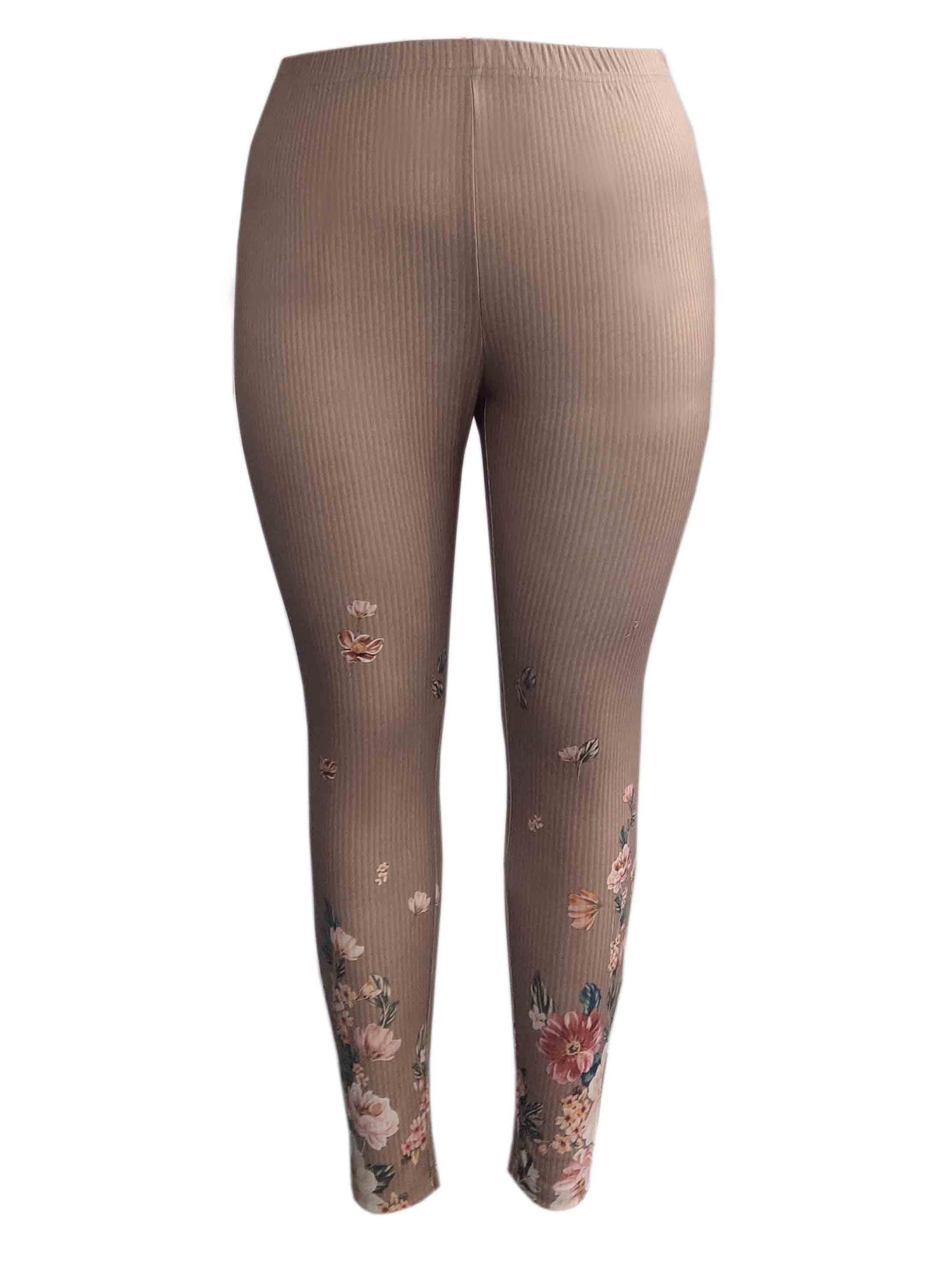 Floral Print Ribbed Leggings Medium Stretch Slim Fit