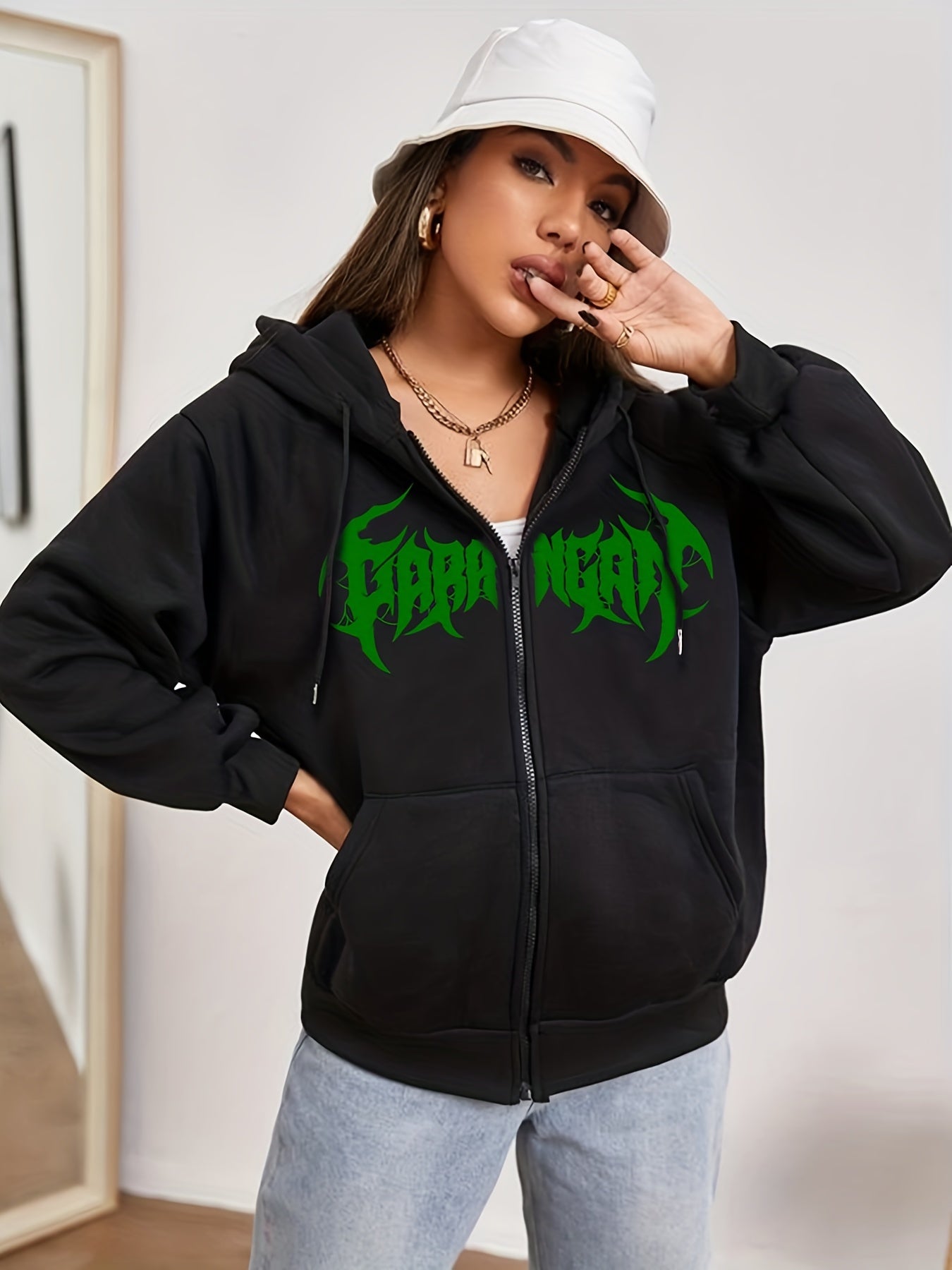 Y2K Sweatshirt Women's Plus Art Letter Print Zip Up Long Sleeve Hoodie