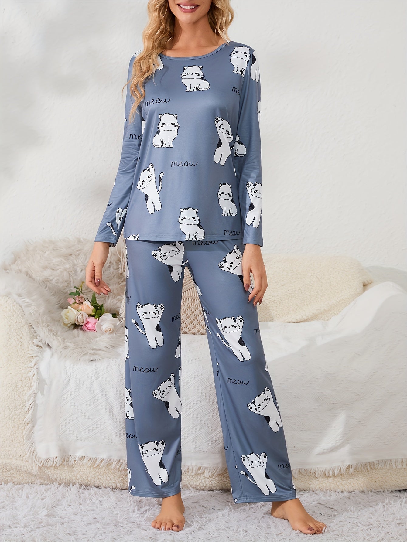 Cartoon Animal Pajama Set Long Sleeve Top & Pants Women's Sleepwear