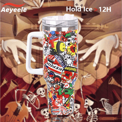 40oz Skull Print Water Bottle Stainless Steel Insulated Tumbler with Lid & Straw