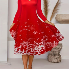 Snowflake Print V Neck Knee Length Dress