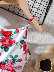 Girls Rose Flower Print Cami Dress For Party Vacation