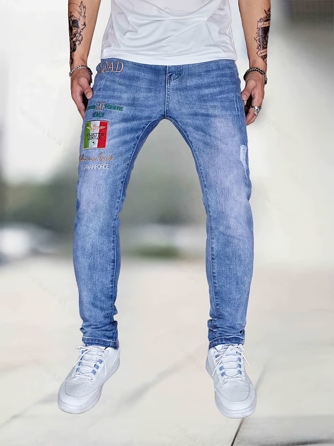 Embroidery Slim Fit Ripped Jeans Men's Casual Street Style Denim Pant