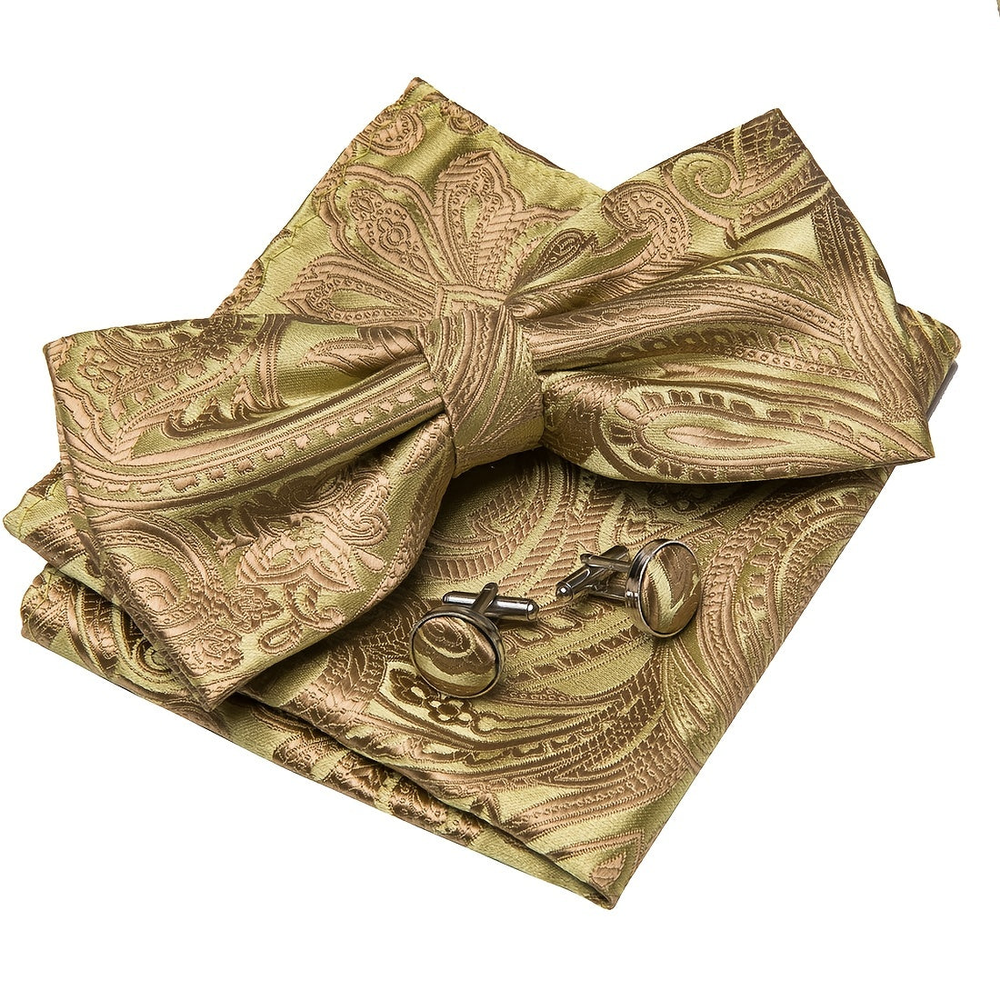 Barry Wang Golden Paisley Bow Tie Classic Pre Tied Adjustable Cravat Set