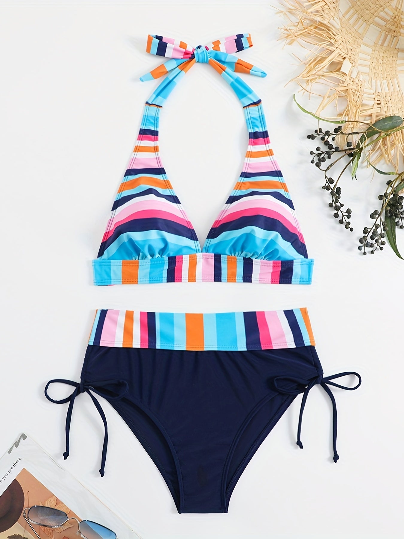 Colorful Strip Print Halter 2 Piece Bikini Set