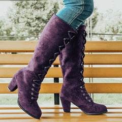 Women's Chunky Heeled Long Boots Lace Up Knee High Boots