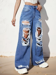 Distressed Straight Leg Jeans High Rise Wide Legs