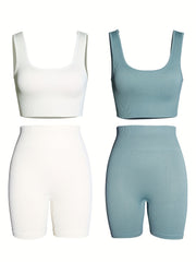 4pcs Women's Seamless Backless Tank Sport Bra & High Waist Shorts Set