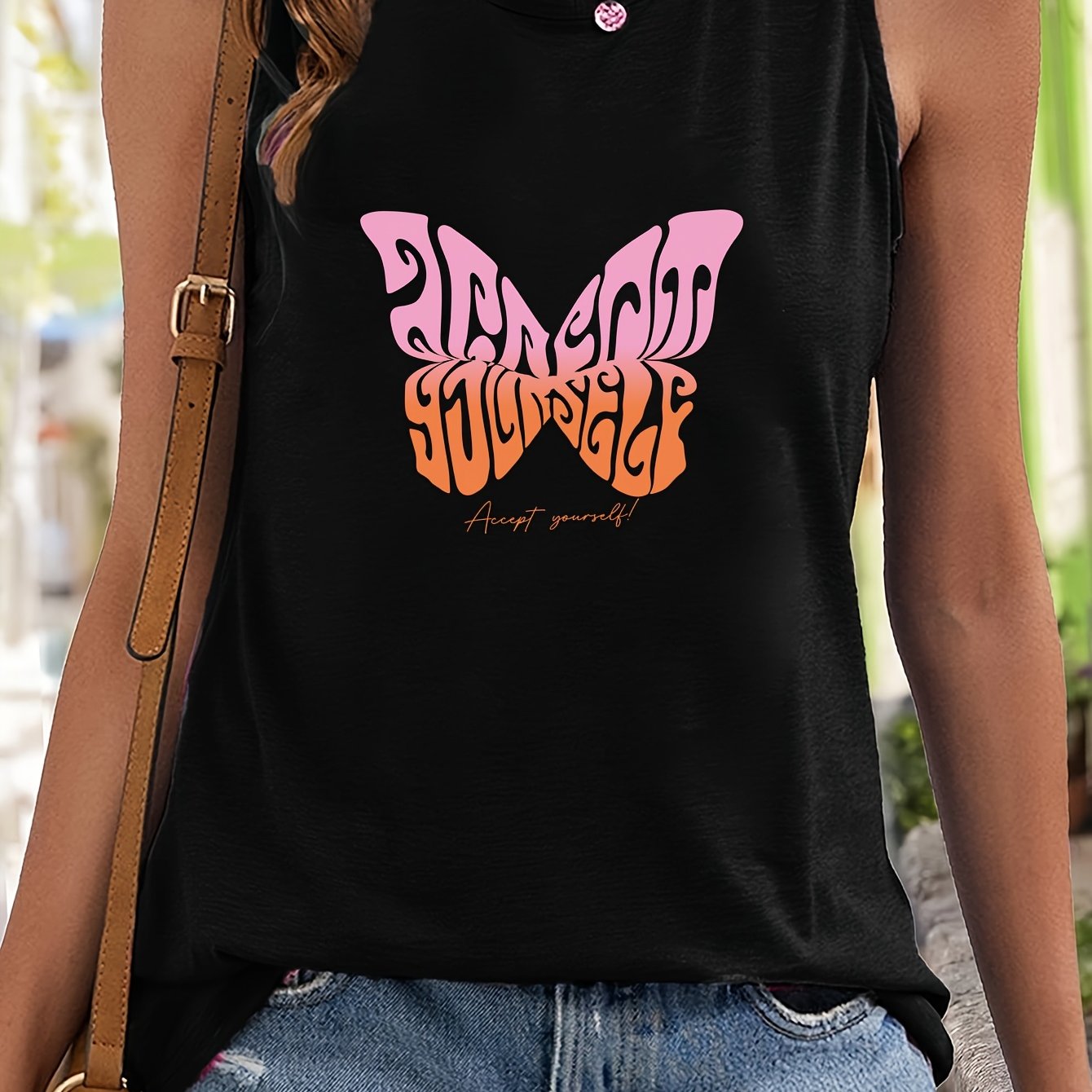 Butterfly Pattern Sleeveless Sports Vest Round Neck Casual Top