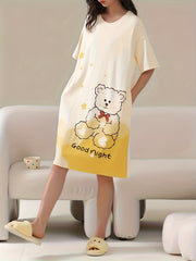 Bear Print Nightdress Crew Neck Short Sleeve Sleep Dress Women's Sleepwear