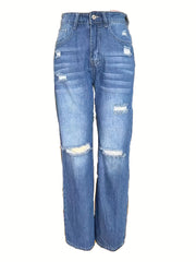 Distressed High Waist Bootcut Jeans Retro Denim Pants