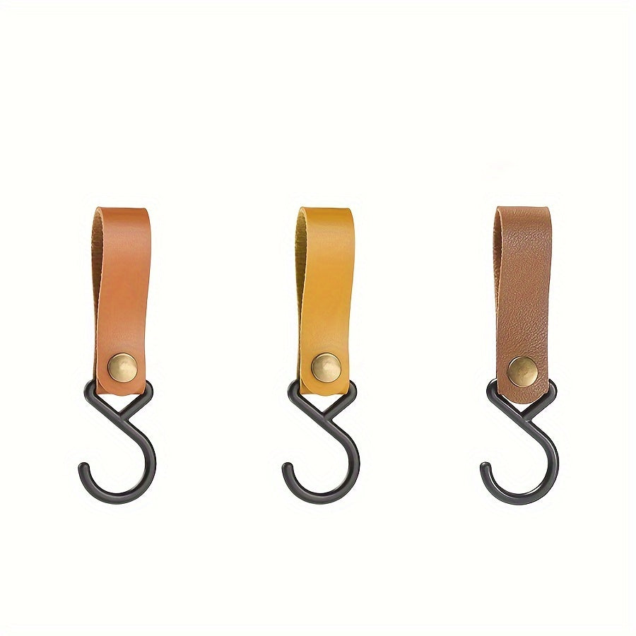 3pcs Portable S Shaped Hook PU Leather Triangle Shelf Hanging Hook