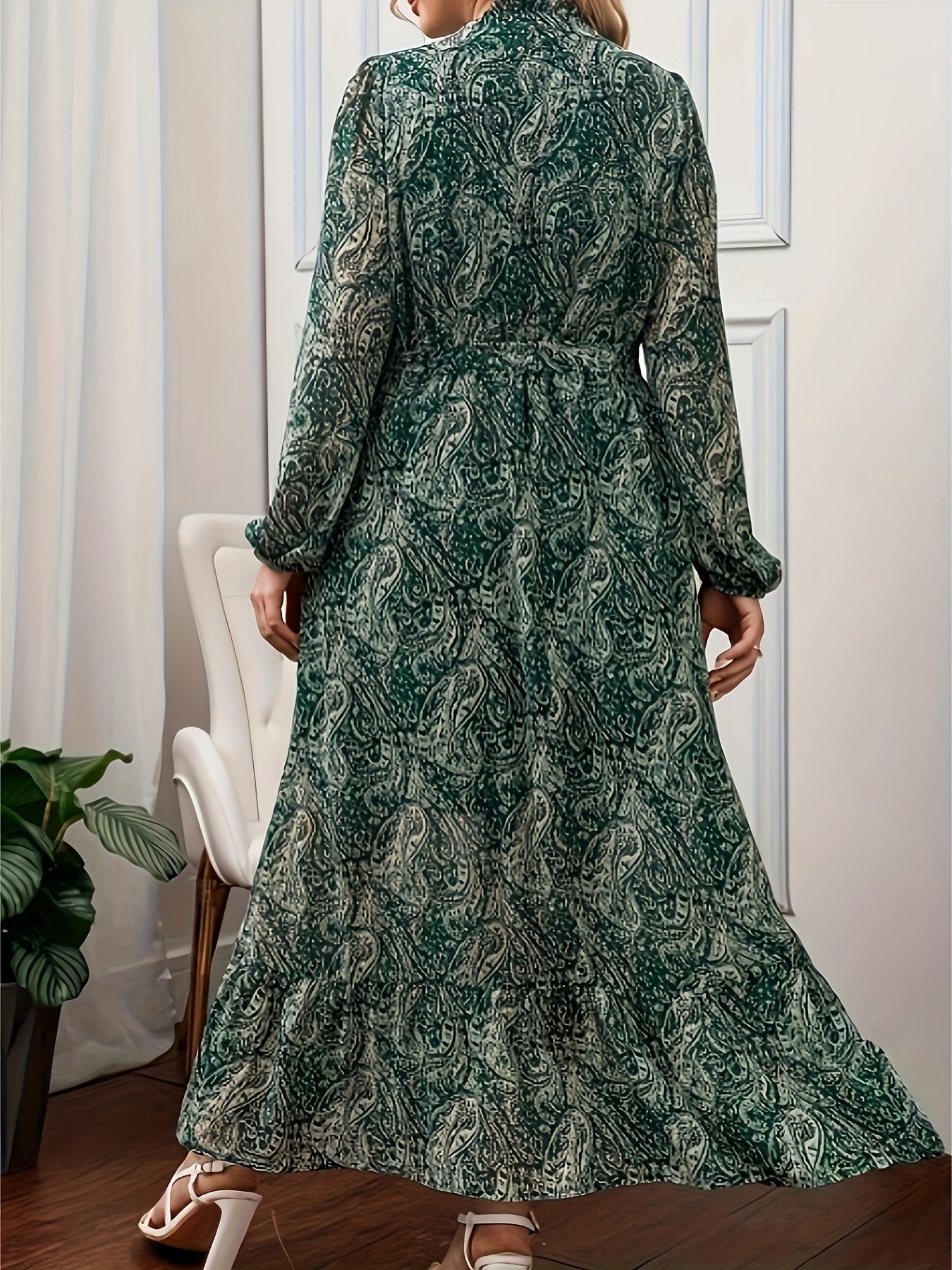 Paisley Print Lantern Sleeve Maxi Smock Dress