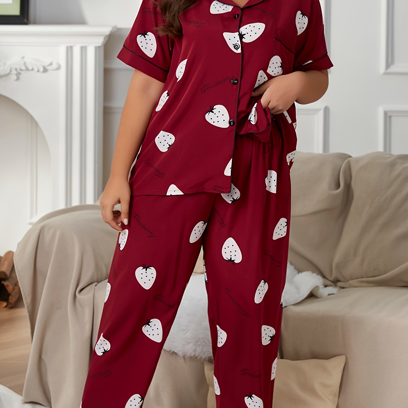 Strawberry Print Pajama Set Short Sleeve Button Up Shirt & Pants