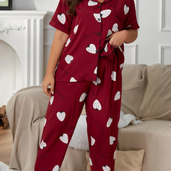 Strawberry Print Pajama Set Short Sleeve Button Up Shirt & Pants