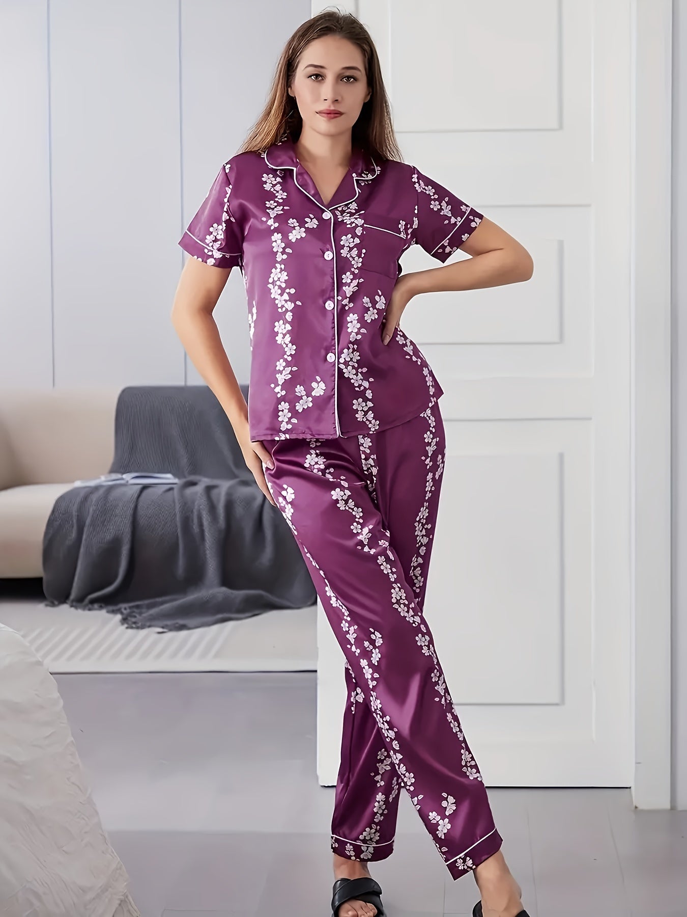 Floral Print Pajama Set Top & Pants Women's Sleepwear