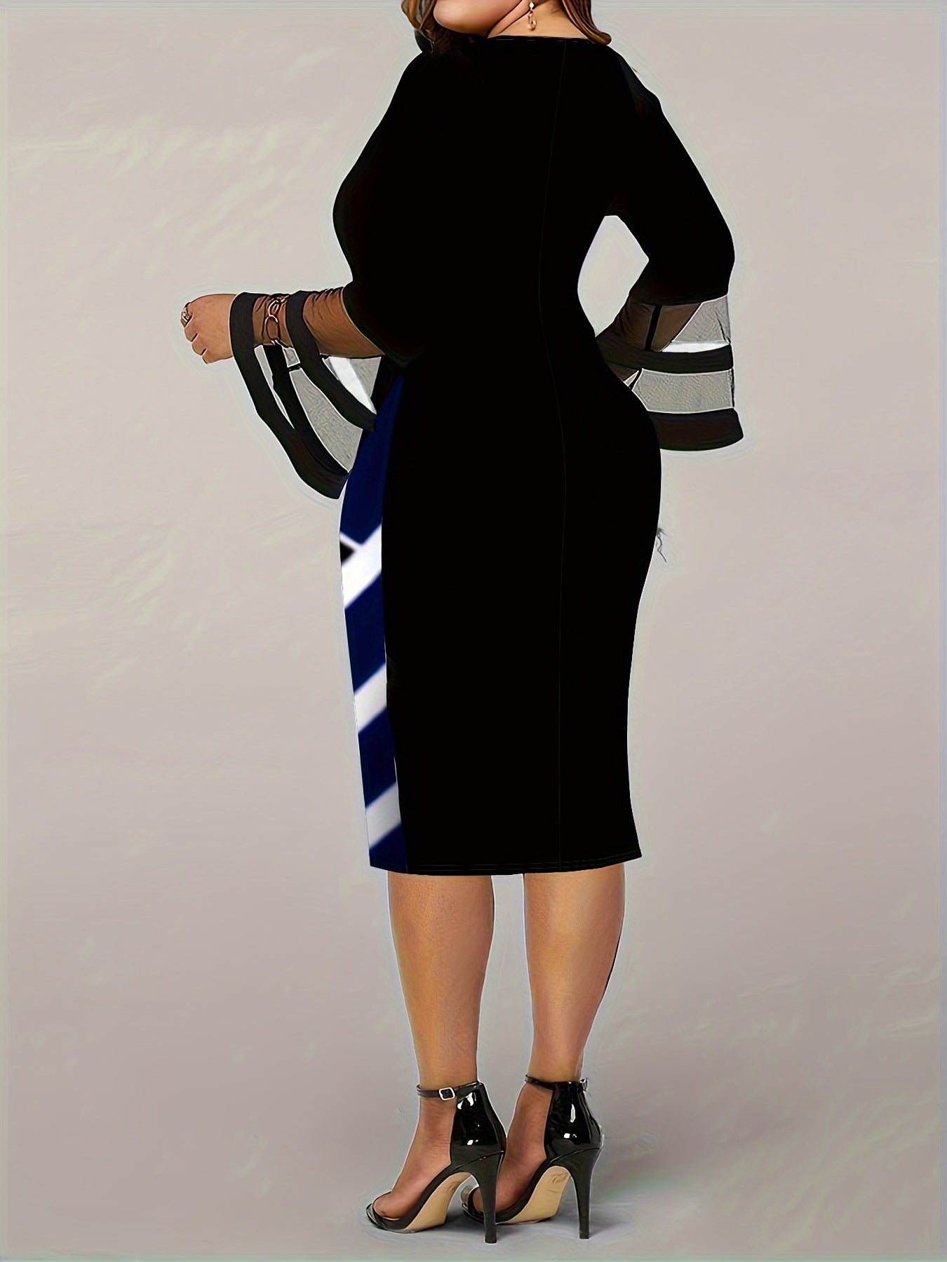 Geometric Print Mesh Bell Sleeve V Neck Bodycon Dress