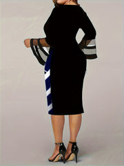 Geometric Print Mesh Bell Sleeve V Neck Bodycon Dress