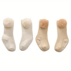 2 Pairs Girls Baby Socks Large Pompom Non Slip Toddler Knee Socks