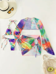 Rainbow Tie Neck Bikini & Bell Sleeve Shrug Wrap Coverups