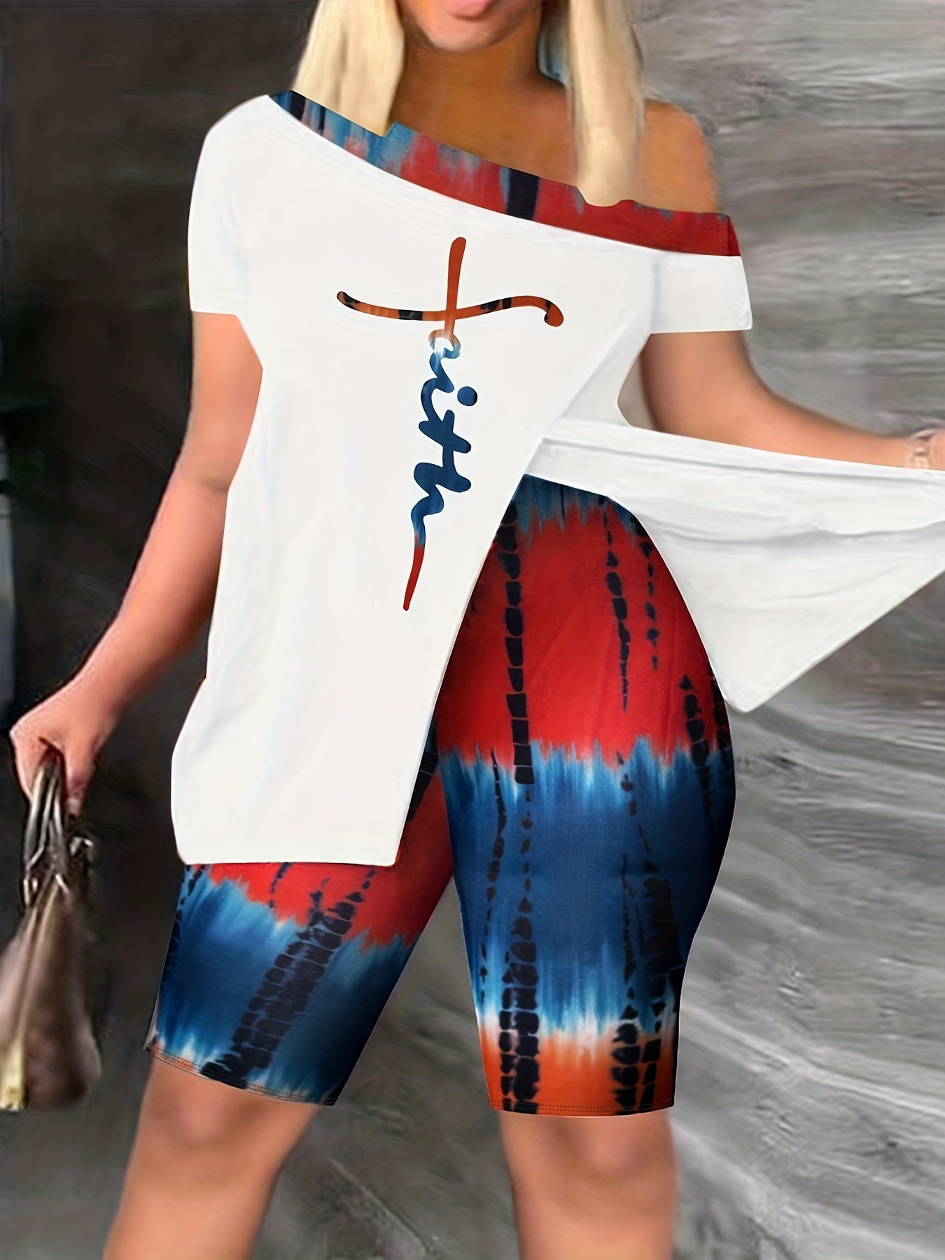 Graphic Print Matching Two piece Set Casual Short Sleeve Off Shoulder T shirt