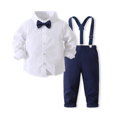Boys Gentleman Outfits Long Sleeve Slim Fit Bowtie Shirt&Suspender Pants