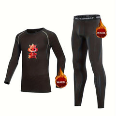 Kids Compression Fleece Sets Dragon Pattern Crew Neck Shirt Elastic Waist Pants