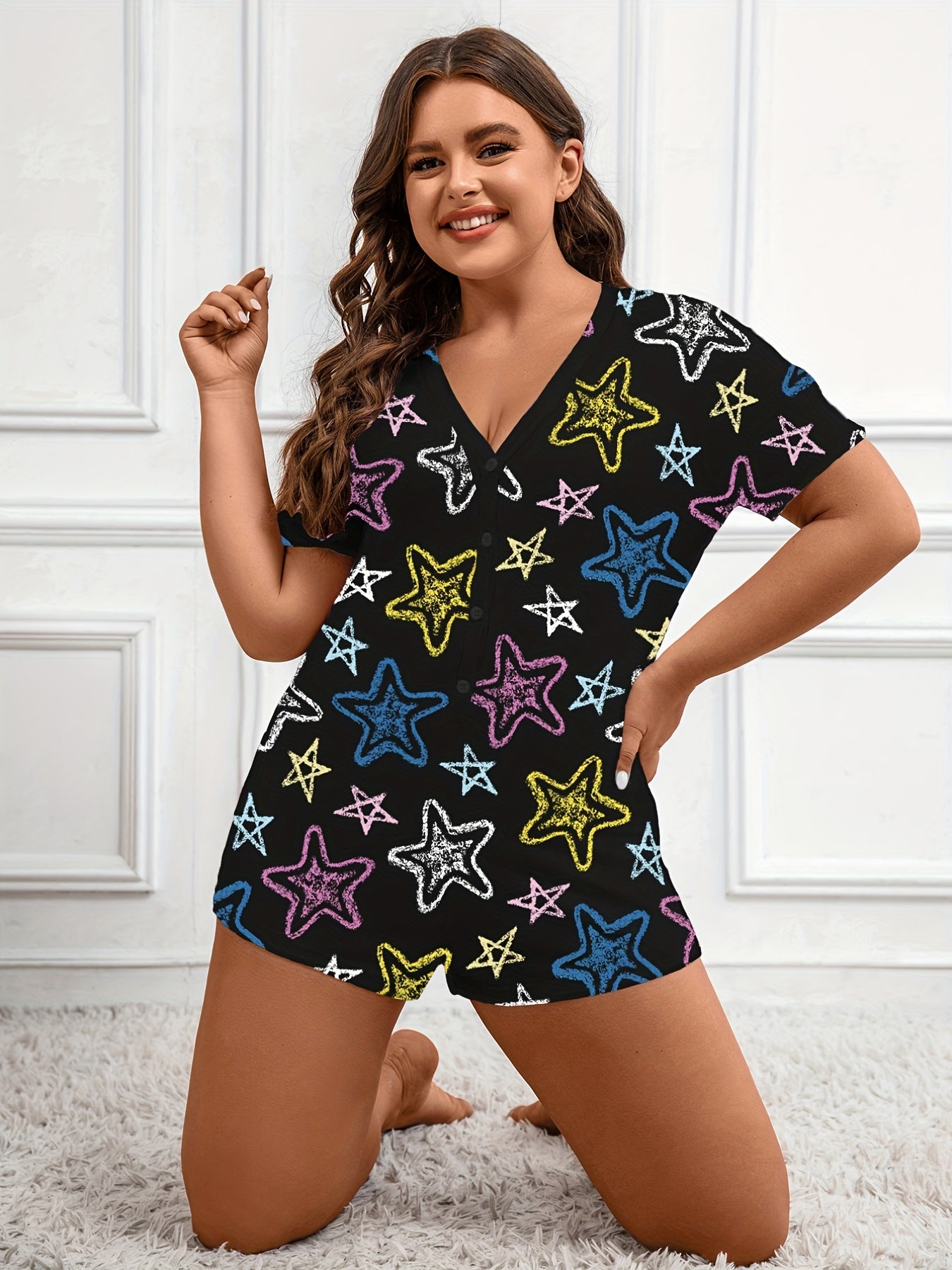 Casual Pajama Romper Women's Plus Graffiti Star Print Button Up