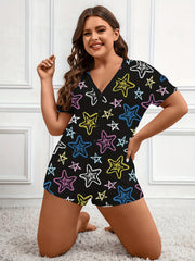 Casual Pajama Romper Women's Plus Graffiti Star Print Button Up