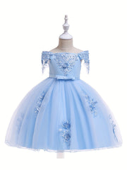 Girls Flower Beaded Embroidered Ball Gown Party Dress