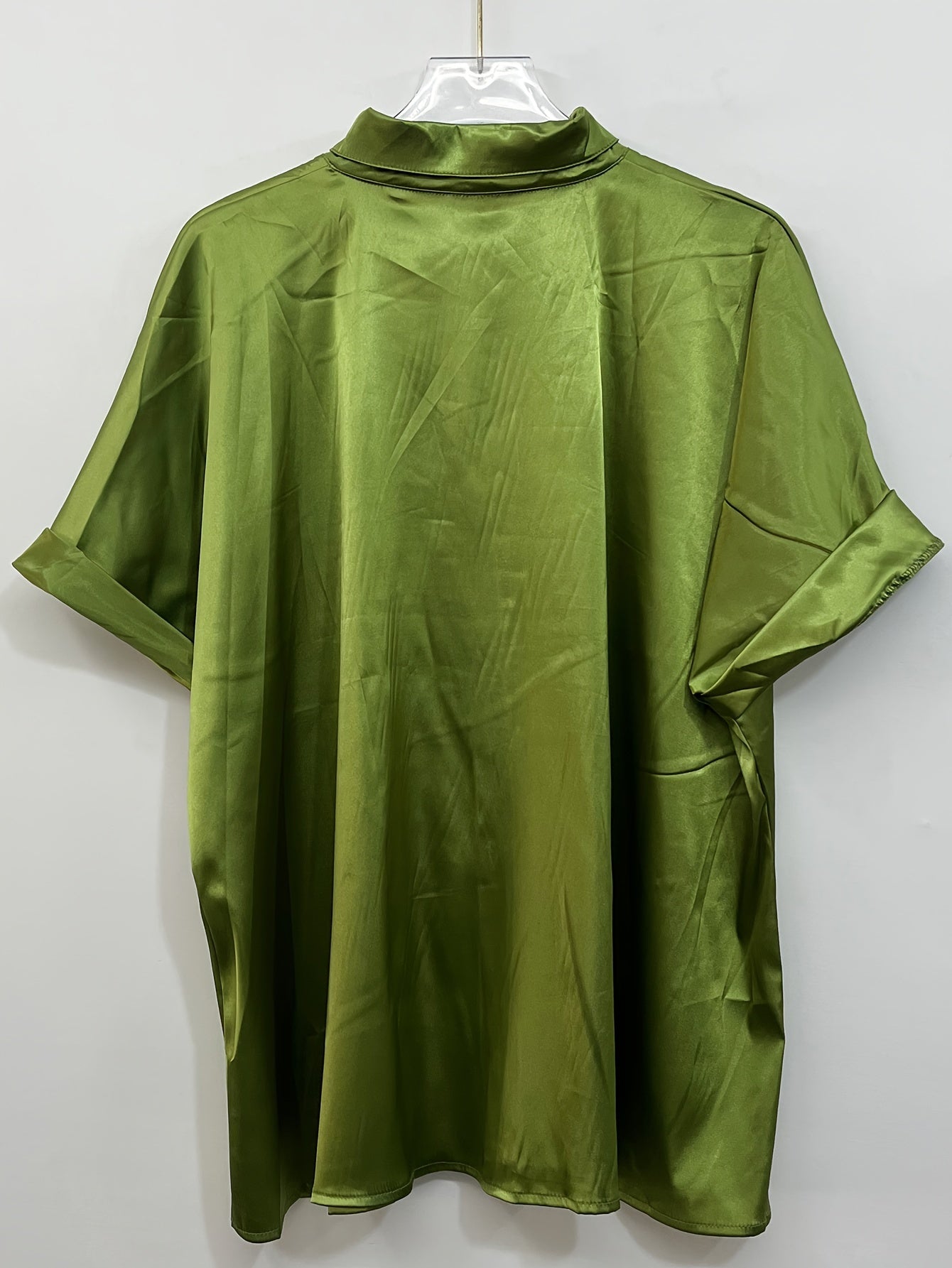 Solid Satin Button Up Short Sleeve Blouse