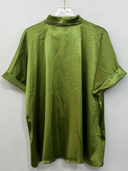 Solid Satin Button Up Short Sleeve Blouse